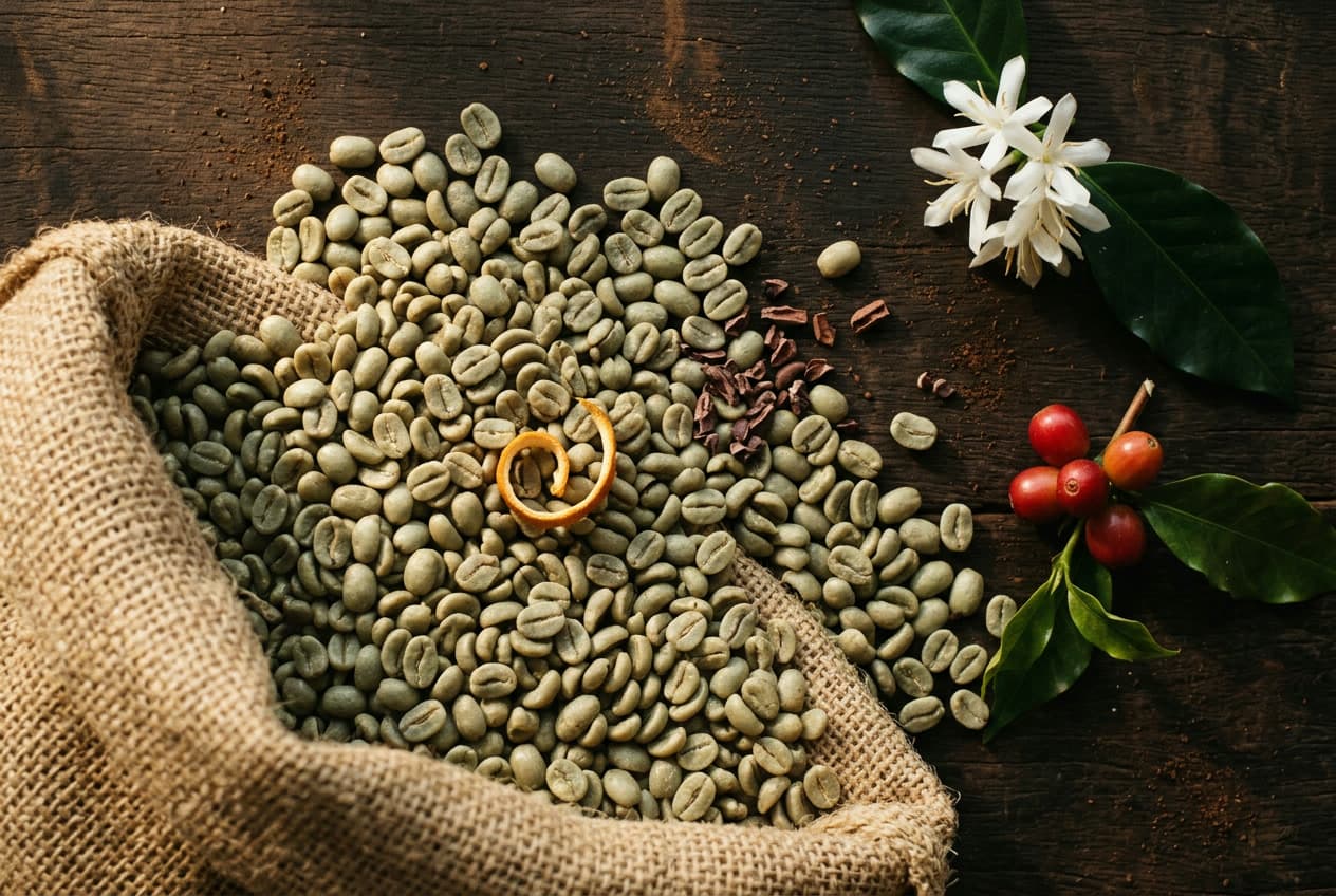 Green Arabica coffee in a jute sack