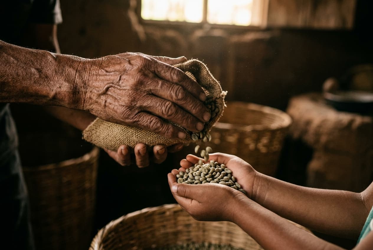 Hands passing green coffee from one generation to the next