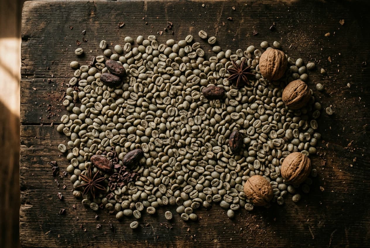 Green Robusta coffee on wood